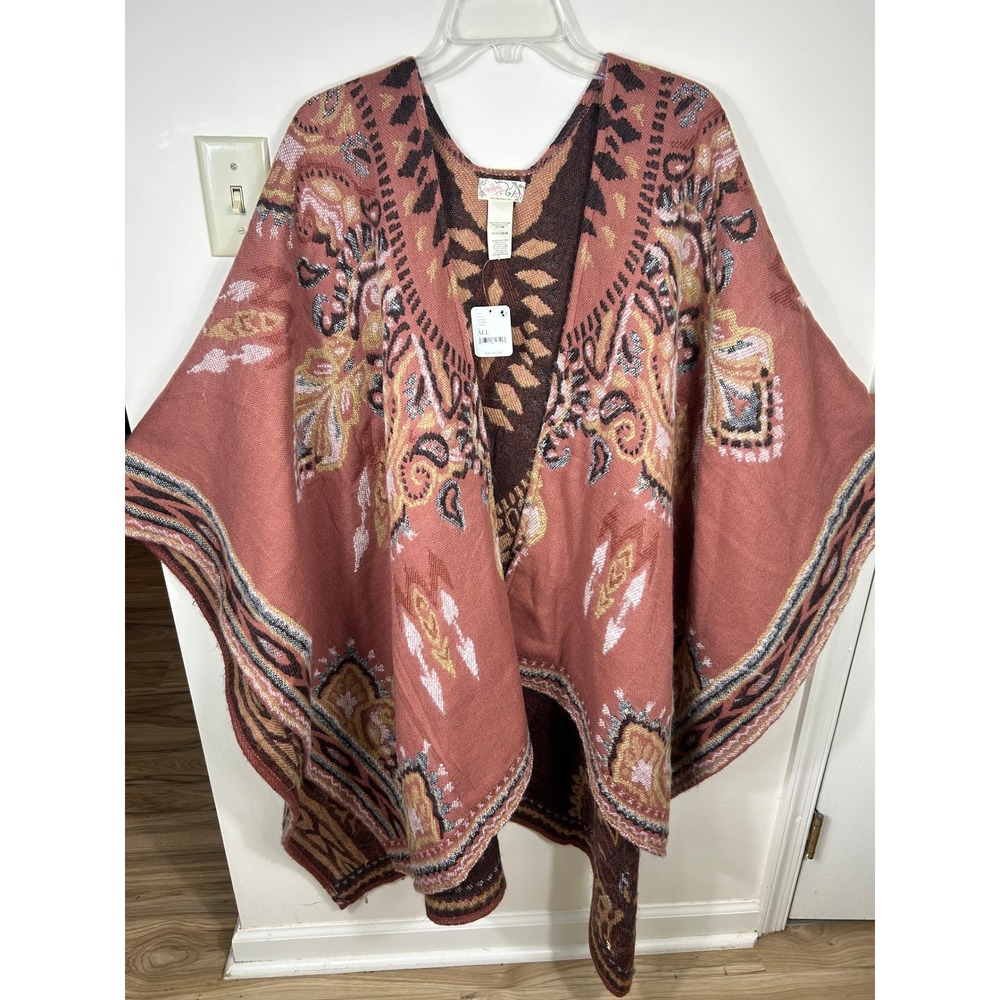 Free People Poncho Women OS Red Southwestern Knit Wrap OpenFront NEW Desert Chic - Picture 7 of 10